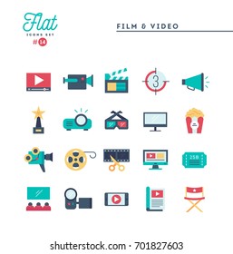 Film, Video, Shooting, Editing And More, Flat Icons Set, Vector Illustration