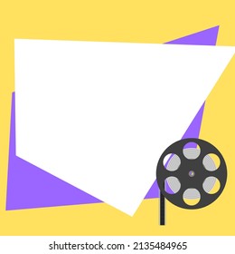 Film Wheel Icon With Text Box On Purple Isolated On Yellow Background, Vector Design Illustration Movie Concept With Copy Space.
