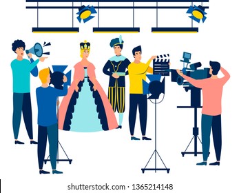 Filming. Actors and film industry employees. In minimalist style. Cartoon flat Vector Illustration