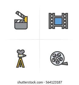 Filming color icons set. Film camera, video,  reel, movie clapperboard symbol. Logo concepts. Vector isolated illustration.