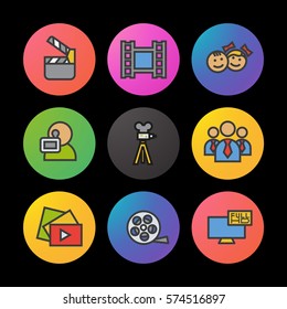 Filming color icons set. Movie clapperboard, video film, play button, videographer, children. Smart watch UI style.