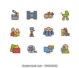 Filming color icons set. Movie clapperboard, video film, play button, videographer, children. Logo concepts. Vector isolated illustration.
