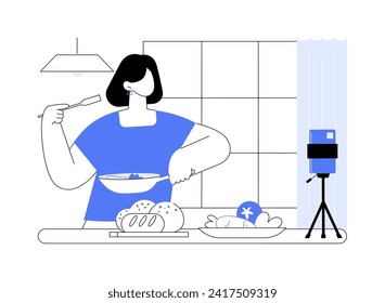 Filming cooking classes isolated cartoon vector illustrations. Young woman showing food preparation process, recording videos, cooking at home, kitchen appliances, culinary blog vector cartoon.