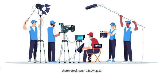 Filming crew semi flat RGB color vector illustration. Director watching on screen. Cameraman with equipment. Sound technicians. Movie creation team isolated cartoon character on white background - Shutterstock ID 1880942323
