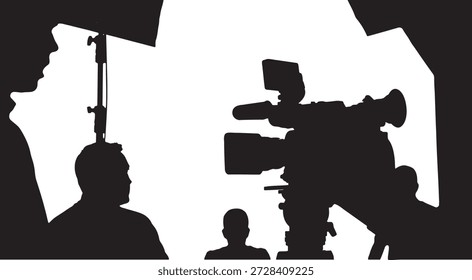 Silhuetas de equipe de filmagem capturando uma cena com um projetor de câmera de vídeo profissional e atores em um estúdio de configuração ilustrando mídia