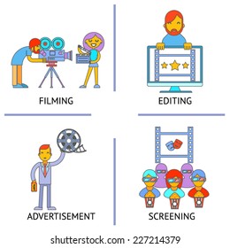 Filming editind advertisemen screening cinema movie flat concept set modern trendy vector illustration