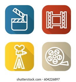 Filming flat linear long shadow icons set. Film camera, video, reel, movie clapperboard. Vector line illustration.