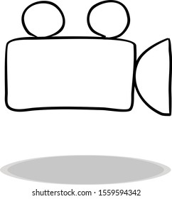 Filming icon on white background, flat design, hand drawing. Illustration movie camera, contour of symbol black