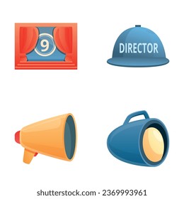 Filming icons set cartoon vector. Film making equipment. Movie production