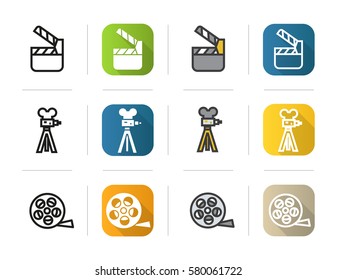 Filming icons set. Flat design, linear and color styles. Movie clapperboard, film camera, reel symbol. Isolated vector illustrations.