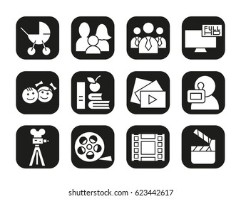 Filming icons set. Movie clapperboard, video film, play button, videographer, children symbol. Vector white silhouettes illustrations in black squares.