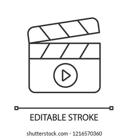 Filming linear icon. Film industry. Thin line illustration. Clapperboard. Time code slate. Video production. Cinematography. Contour symbol. Vector isolated outline drawing. Editable stroke