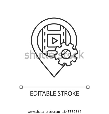 Filming location linear icon. Position for movie production set. Location for cinematography. Thin line customizable illustration. Contour symbol. Vector isolated outline drawing. Editable stroke
