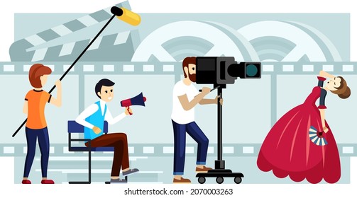 Filming movie scene illustration. Action setup by operator and backlight in special scenery with film director and cameraman filming scene with medieval theme. Vector filmmaking cartoon.