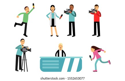 Filming News Release In The Studio Or From The Event Place Vector Illustration Set Isolated On White Background