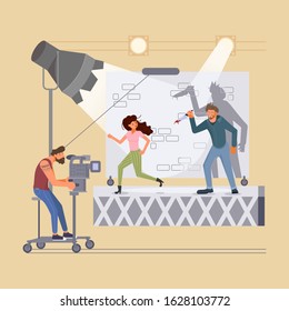 Filming process composition with male killer is chasing the female victim. Horror film motion production. Flat Art Vector Illustration