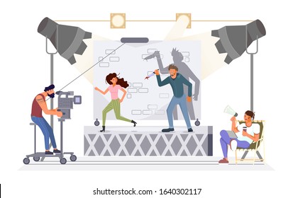 Filming process composition with male killer is chasing the female victim. Horror film motion production. Flat Art Vector Illustration