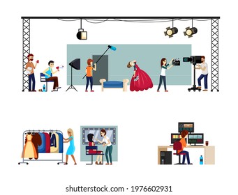 Filming process set. Actors act out scene in special scenery with film crew professional makeup artists and recording studio with editing video sequence. Vector cartoon filmmaking.