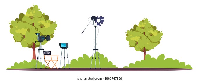 Filming set semi flat RGB color vector illustration. No film crew. Quite park. Empty director chair. Ligths and microphones. Modern movie creation tools isolated cartoon scenery on white background