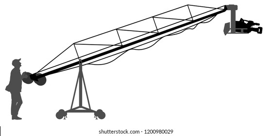 Filming shooting movies, concerts. Videographer, cameraman. Console crane for camera. Silhouette vector