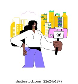 Filming with smartphone isolated cartoon vector illustrations. Smiling girl shooting vlog video using phone and tripod, content creation, leisure time activity, creative hobby vector cartoon.
