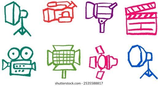 Equipo de estudio de filmación Icon Crayon Chalk Drawing Vector Set