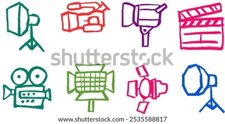 Filming Studio Equipment Icon Crayon Chalk Drawing Vector Set