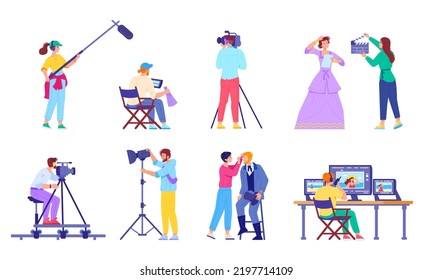 Filming Team. Movie Shooting Staff Professional Filmmaking Process Cinema Tv Production Film Crew, Filmmaker Video Sound Producer Director Videographer, Vector Illustration Of Movie Shooting Team