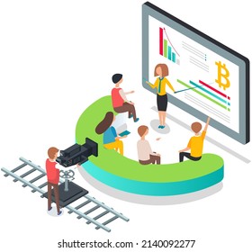 Filming television news program scene with business woman tells crypto market research results. Presenter journalist interviewing guests at studio, cameraman recording video. Journalism, mass media