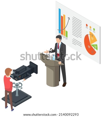 Filming television news program scene with businessman tells business results. Presenter journalist interviewing guests at studio, cameraman recording video. Journalism, mass media and press concept