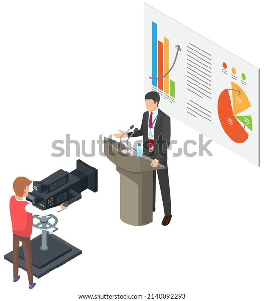Filming television news program scene with\
businessman tells business results. Presenter journalist\
interviewing guests at studio, cameraman recording video.\
Journalism, mass media and press\
concept