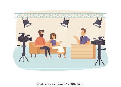 Filming television talk show scene. Presenter interviewing guests at studio, cameras recording video. Journalism, mass media and press concept. Vector illustration of people characters in flat design