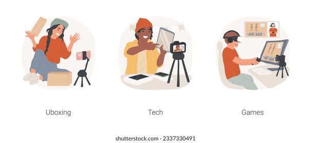 Filming testimonials isolated cartoon vector illustration set. Happy teen girl recording unboxing video, paid product promotion, technology geek reviewing gadget, games review vector cartoon.