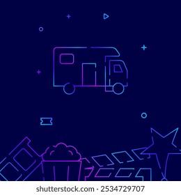 Filming van gradient line vector icon, simple illustration on a dark blue background, cinema related bottom border.