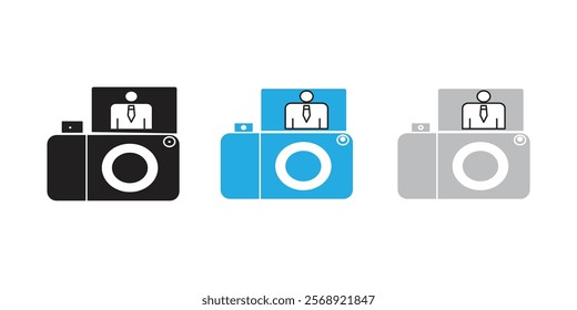 Filming vlog: camera in hand thin line icon.