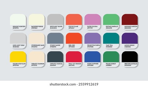 Filmmaker Color Guide Palette with Color Names. Catalog Samples Filmmaker with RGB HEX codes and Names. Film Colors Palette Vector, Studio Editor Color Palette, Fashion Trend Filmmaker Color Palette