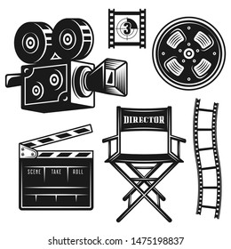 Filmmaker or director equipment set of vector monochrome objects and design vintage elements isolated on white background