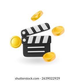 Filmmaker's clapboard vector icon and coins. Monetization blog, vlog. Blogger earnings, monetize. film clapper and money Hollywood Film clapperboard illustration.