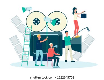 Filmmakers staff working, people cartoon characters with giant camera. Movie films and video production crew flat vector illustration isolated on white background.