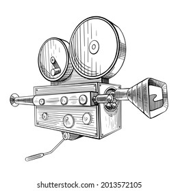 Filmmaking camera sketch. Black hand drawn object on white background. Vector illustration.