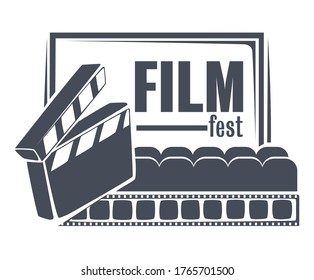 Filmmaking and cinematography, isolated icon of film fest. Cinema hall with seats and big screen, clapboard with reel for showing movies. Presentation premiere of filmstrip, vector in flat style