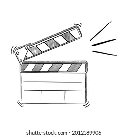 Filmmaking clapper sketch. Black hand drawn object on white background. Vector illustration.