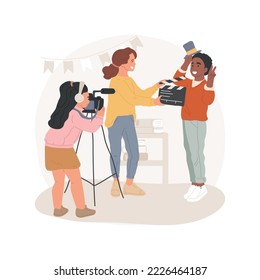 Filmmaking club isolated cartoon vector illustration. Children look in a camera, clapperboard, become film director, middle school elective activity, filmmaking student club vector cartoon.