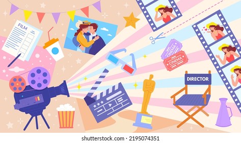 Filmmaking concept. Cinema accessories filmmaker icon, video maker items cinematography clapper, film editing and movie production tv entertainment, vector illustration of cinema film concept video