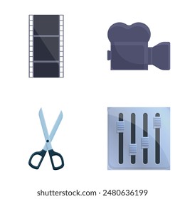 Filmmaking equipment icons set cartoon vector. Professional filming equipment. Movie production, entertainment