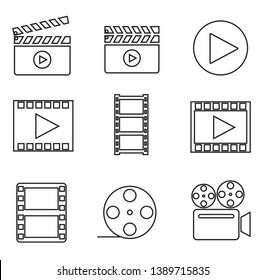 Filmmaking Equipment Linear Icons Set. Movie Shooting, Production. Clapper Board, Tape, Camera, Frame Isolated Vector Outline Illustrations. Multimedia, Audio, Video Symbols Line Art. Cinematography