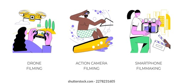 Filmmaking as a hobby isolated cartoon vector illustrations set. Aerial videography, control drone, shooting video, using action camera, filming with smartphone, creative activity vector cartoon.