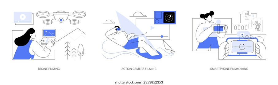 Filmmaking as a hobby isolated cartoon vector illustrations set. Aerial videography, control drone, shooting video, using action camera, filming with smartphone, creative activity vector cartoon.