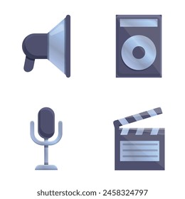 Filmmaking icons set cartoon vector. Professional filming equipment. Movie production, entertainment