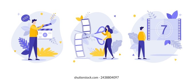 Film-making industry features flat concept vector illustrations set. Cinema movie production process cartoon composition. Cinematography professions creative idea for website, presentation